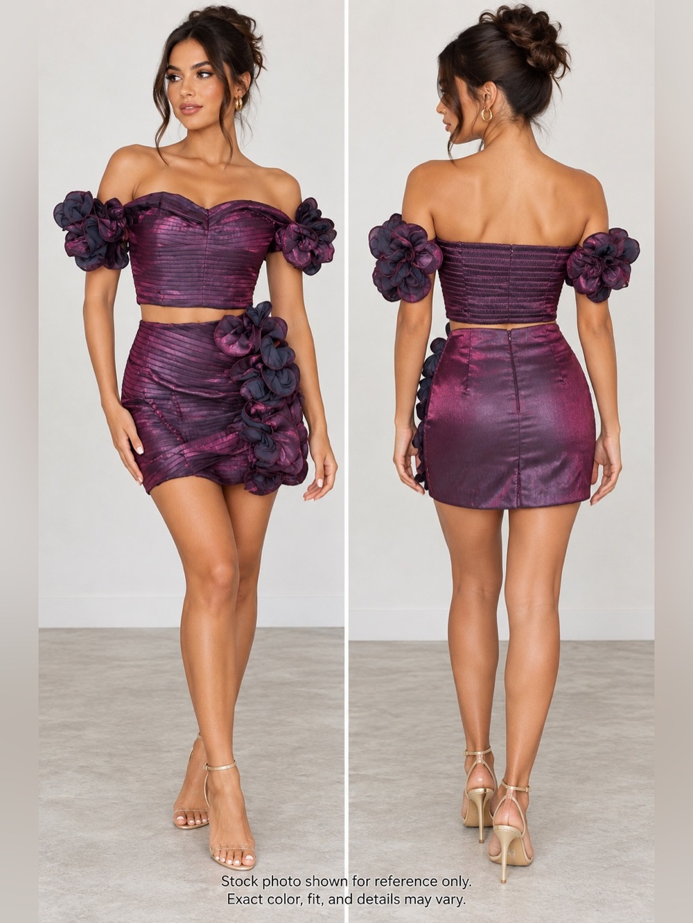 DO+BE Metallic Purple 2 Piece Floral Crop Top Mini Skirt Set S NWT